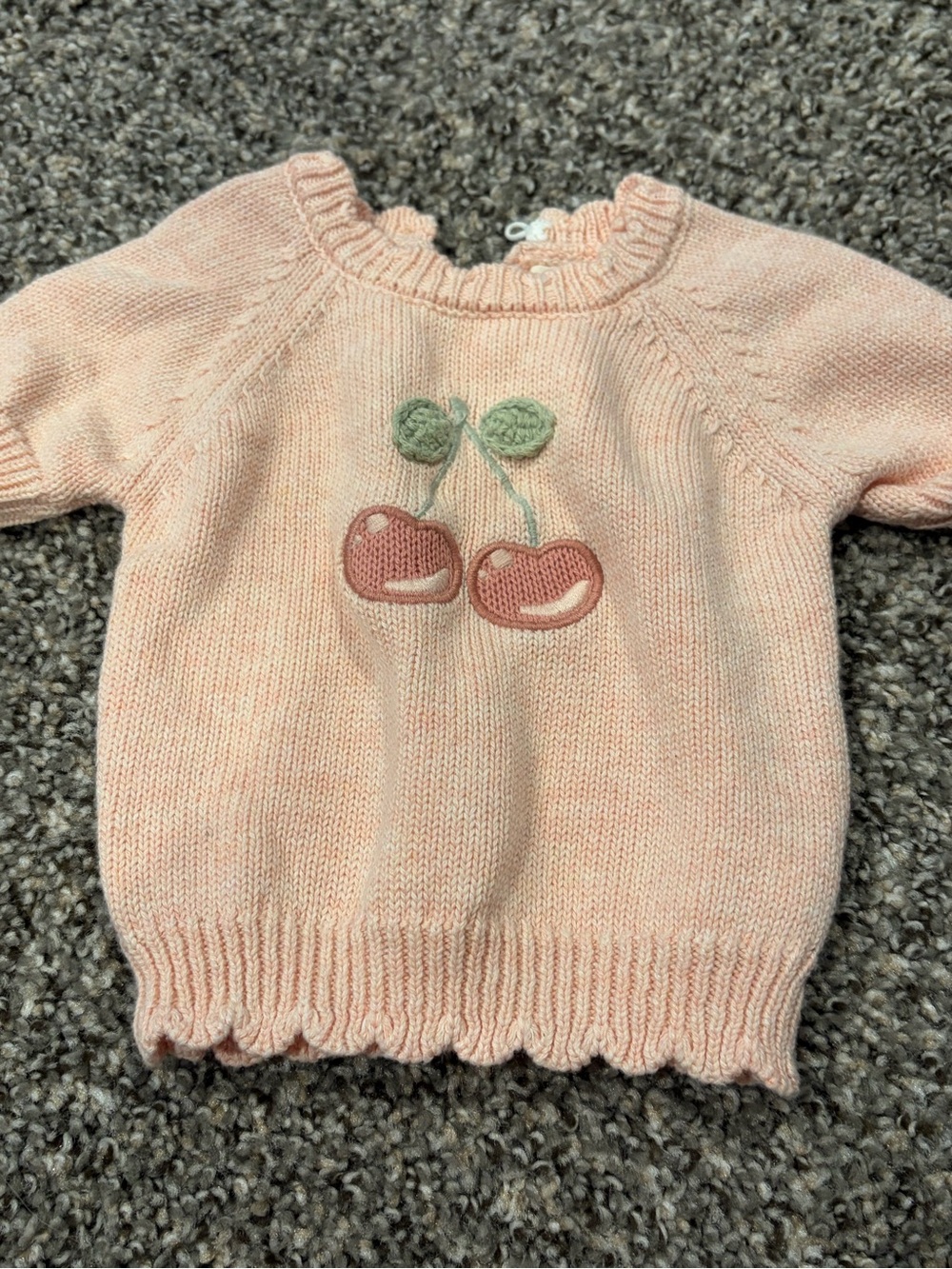 Peach Knit Short Sleeve Baby Sweater with Cherry Applique | 0-3 months